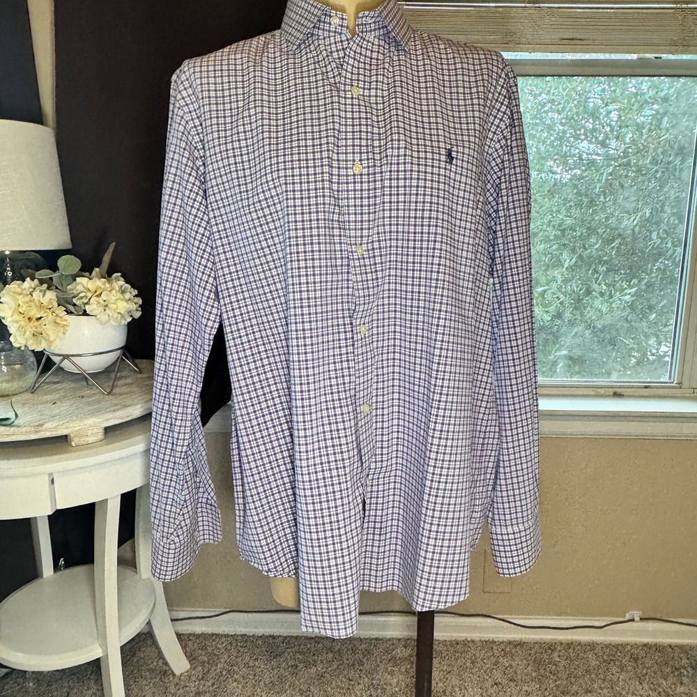 Polo Ralph Lauren Mens XL Purple White Micro Check Button Down Shirt Long Sleeve